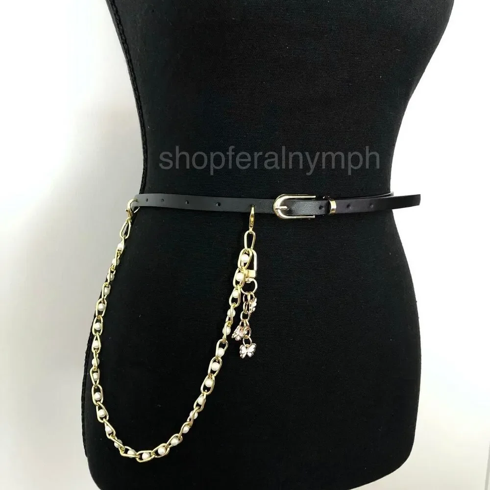 Vintage Y2K Coquette Butterfly Pearl Chain Belt, Fits 33.5–36 Inches, X7GA1194